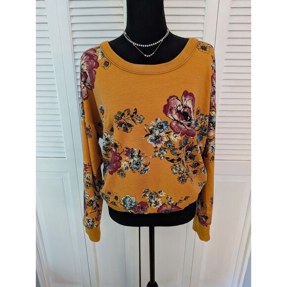 No Frills Los Angeles Sweatshirt Top Womens 2X Mustard Yellow Floral Open Back - Picture 1 of 12